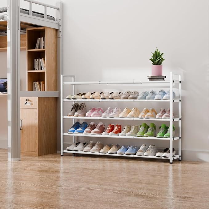 Bumusty 5-Tier Long Expandable Shoe Rack for Closet, 18"-44" Adjustable Shoe Rack for Entryway, 25-30 Pairs Large Shoe Organizer Shelf Storage, Sturdy Metal, White - Image 7