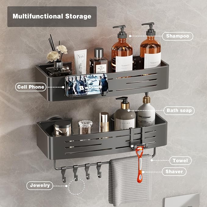 Voldra Shower Caddy Suction Cup, 2 Pack Shower Shelves for Inside Shower No Drilling, Aluminum Suction Showers Organizer with Towel Bar & Hooks Removable Bathroom Shelf Storage Rack(Gray) - Image 7