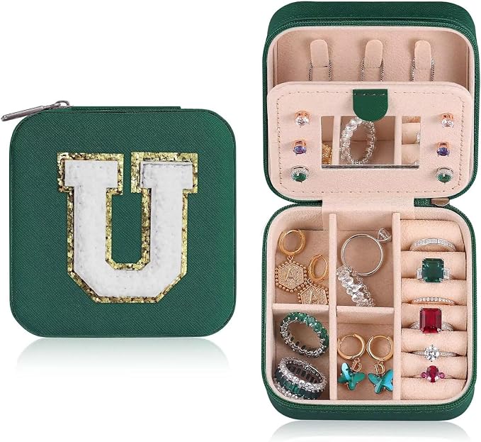 ETHOON Jewelry Travel Case Small Organizer Stocking Box Personalized Gifts Teenage Jewelry Accessories Holiday Christmas Gift for Women Green, Letter U by ETHOON