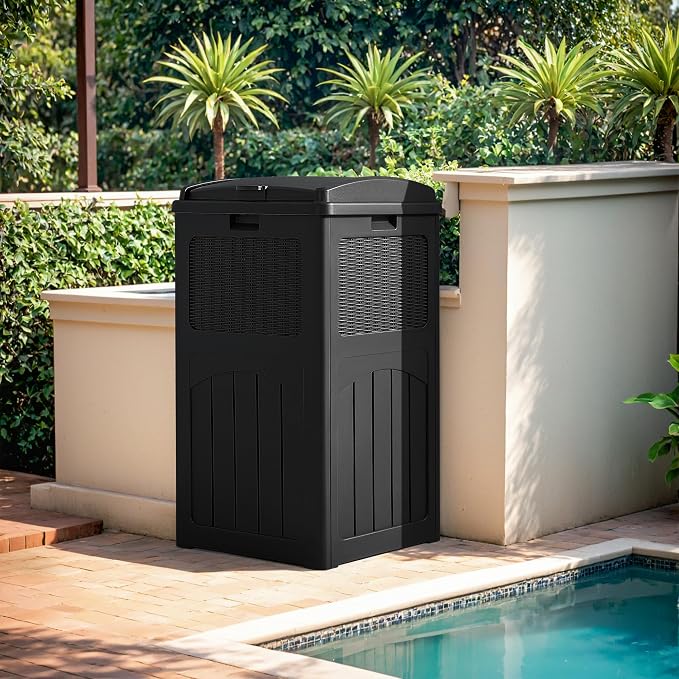 Devoko 33 Gallon Outdoor Trash Can with Dual Lid, Heavy Duty Waterproof Resin Garbage Bins Outside, Hideaway Waste Bins for Patio, Outside Pool, Backyard and Deck (1, Black) - Image 7