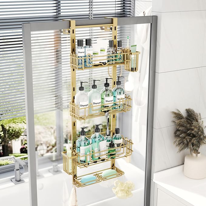 HapiRm Hanging Shower Caddy Organizer - Shower Shelf with 22 Hooks and 2 Toothbrush Holders, No Drilling Adjustable Hanging Bathroom Organizer - Gold - Image 7