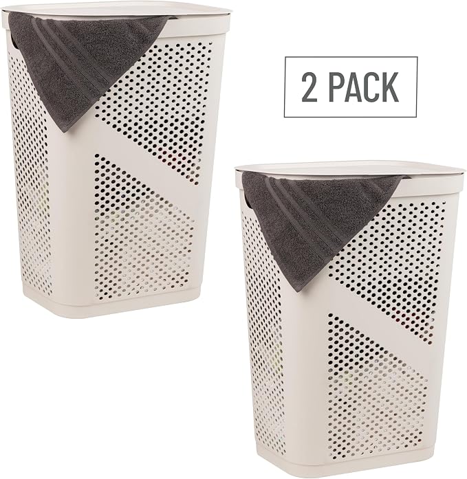 Mind Reader 60L Slim Laundry Hamper, Clothes Basket, Lid, Ventilated, Plastic, Set of 2, Ivory - Image 7