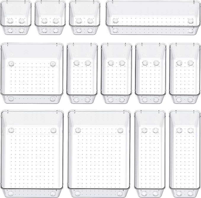 SMARTAKE 13-Piece Drawer Organizers with Non-Slip Silicone Pads, 5-Size Desk Bathroom Drawer Organizer Trays Storage Tray for Makeup, Jewelries, Utensils in Bedroom Dresser, Office and Kitchen, Clear - Image 9