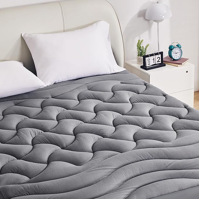 SLEEP ZONE Waterproof Mattress Pad Queen Size Deep Pockets, Extra Thick Fitted Cover for Back Pain, 60 x 80 Inches (Grey, Queen)
