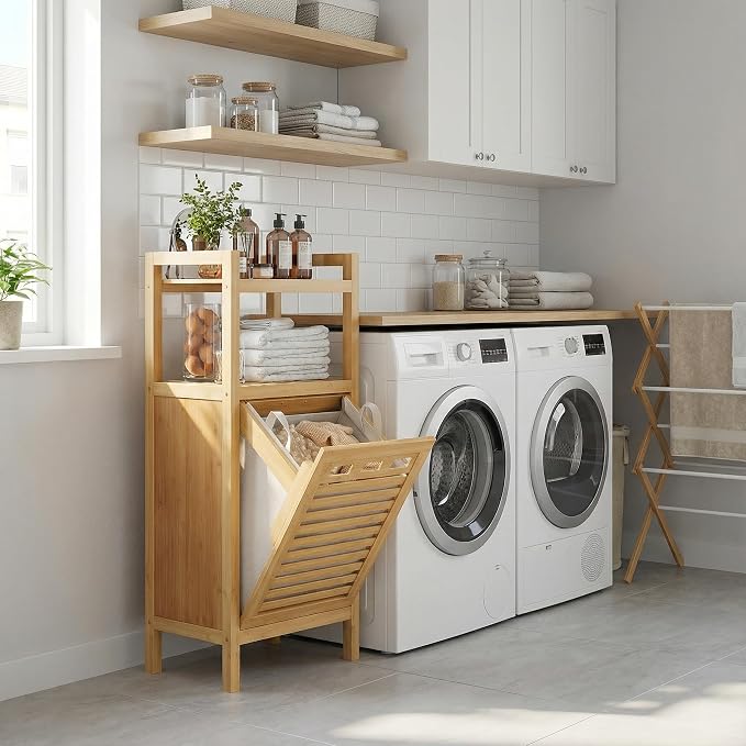 Homykic Tilt Out Laundry Hamper, 10 Gal Bamboo Laundry Storage Cabinet with Removable Basket, Hidden Hamper Organizer with Shelf for Dirty Clothes, Bathroom, Laundry Room, Space Saving, Natural - Image 9