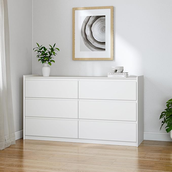 White Dresser for Bedroom, 54" Wide 6 Drawer Double Dresser, Modern Matte Wood Chest of Drawers with Anti-Tip Kit, Sturdy Storage Organizer for Closet, Living Room & Hallway, Handle-Free
