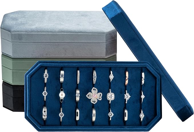 Velvet Ring Organizer Display Tray Jewelry Box Earring Holder Case for Wedding Birthday Christmas Day (Dark Blue) - Image 7