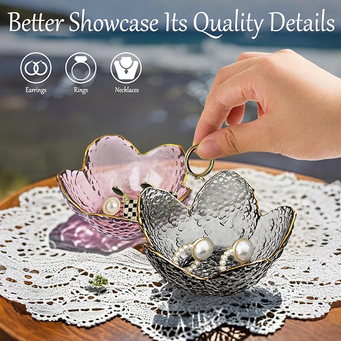 Grey Flower Jewelry Dish Glass Ring Dish Jewelry Tray Cute Vanity Organizer Room Decor Aesthetic Nightstand Bathroom Decor Trinket Dish Ring Holder Dish House Warming Gifts Stocking Stuffers for Women - Image 9