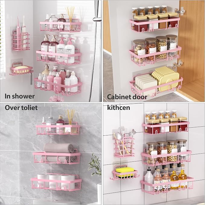 Liuoud 5 Pack Shower Caddy Organizer Rack Shelf for Inside Shower, Adhesive Bathroom Wall Storage Basket Rustproof Stainless Steel Shampoo Holder, Girly Bathroom Accessory Decor Set, Pink - Image 8