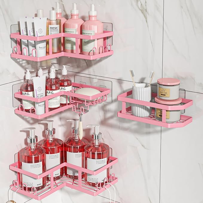 Youvip 4-Pack Adhesive Corner Shower Caddy with Soap Holder, No Drilling Wall Mounted Shower Shelves-Rustproof, Organizer for Bathroom, Kitchen & Home Decor. Pink - Image 5