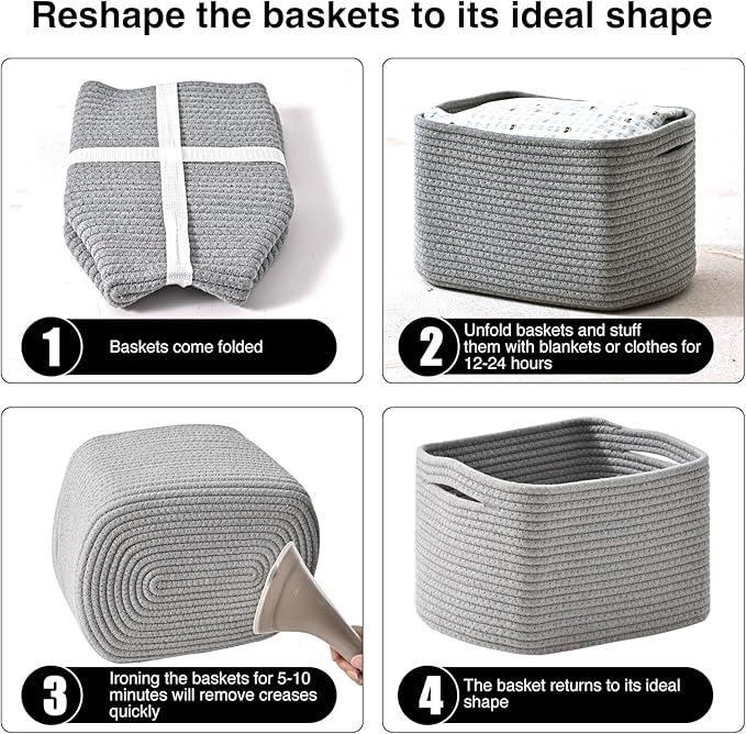 ICERZCZ Small Storage Baskets for Shelves Organizing, Woven Cotton Rope Baskets for Storage, Book Basket, Decorative Shelf Basket, 12.5"Lx9.1''Wx7.9''H (4 Packs) Grey - Image 7