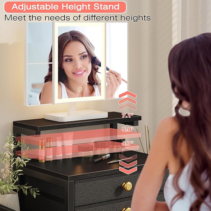 HIGDBFE Vanity Desk with Mirror and Lights, 28.4''W Small Makeup Vanity Table with Height-Adjustable Stand, 2 Fabric Drawers Compact Makeup Desk, Gift for Girls, Bedroom Small Space, Black