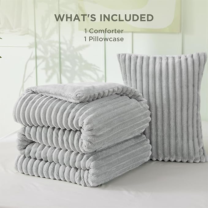 Bedsure Twin/Twin XL Size Comforter - GentleSoft™ 2 Pieces Double-Side Fleece Fluffy Light Grey Comforter Set, Cozy Striped Room Decor Aesthetic Luxury Twin Bedding Sets, 1 Pillowcase, 68x88 Inches