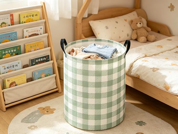 Baby Laundry Hamper kids laundry Basket Waterproof Laundry Bag for Bedroom Toy Clothes Organizer Room Décor(Green Checkered) - Image 6