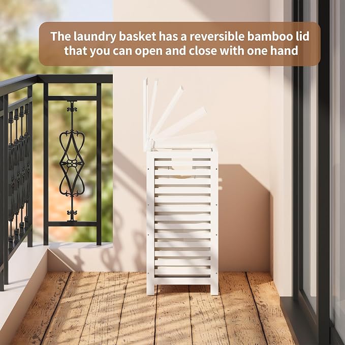 FILWH Laundry Hamper with Lid (16.9 * 13 * 26.5inches) Large Bamboo Laundry Bin Basket 85L Clothes Hamper with 1 Removable Bag Storage baskets for Bathroom (White) - Image 8