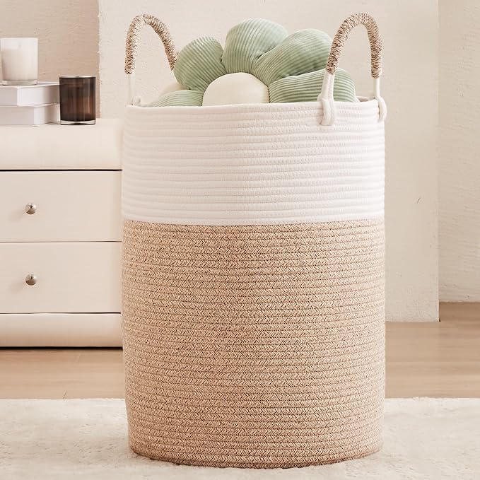 80L Extra Large Laundry Hamper Basket Tall Woven Rope Clothes Hamper Blanket Basket for Living Room Bathroom Bedroom Brown 16"L x 16"W x 22"H - Image 8