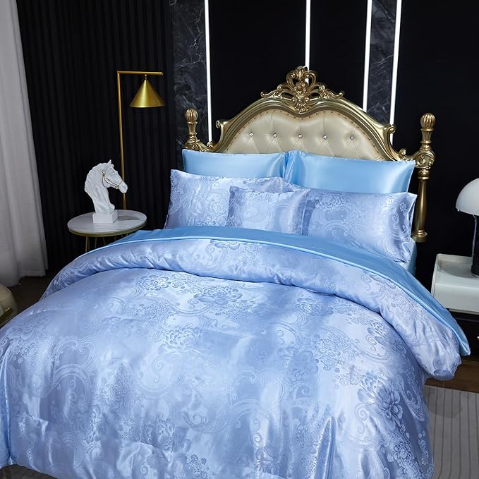 Blue Comforter King Jacquard Bedding with Baby Blue Satin Sheet Set 8 Pcs Royal Embroidery Neoclassical Floral Home Decor Soft Luxury Hotel Bed in a Bag with 1 Cushion Cover