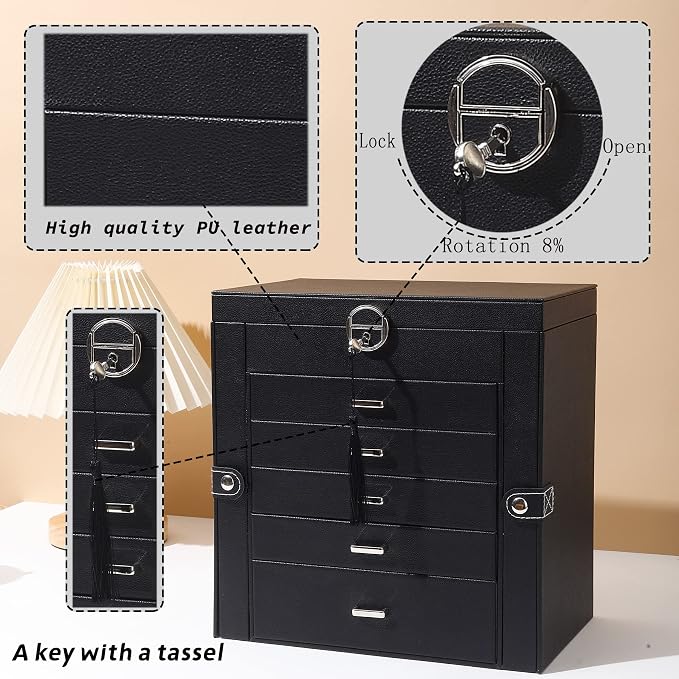 BOOVO Jewelry Box For women, 6 Layer Large Jewelry Organizer With Mirror, Multi-Function Storage Box With Lock, Accessory Holder With 5 Drawers, For Earrings Necklace Ring Bracelet (Black) - Image 7