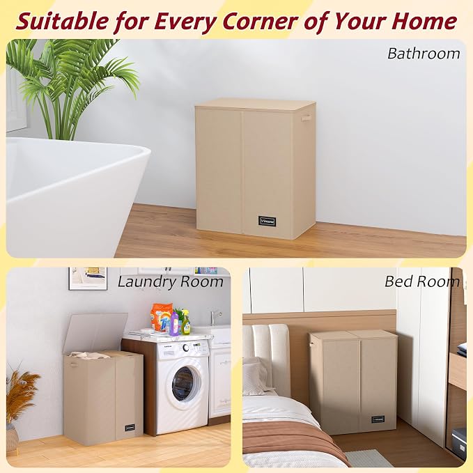 150L Laundry Hamper 2 Section, Large Laundry Hamper with Lid, Dirty Clothes Hamper with 2 Removable Inner Bags, Collapsible Laundry Basket Organizer for for Clothes Toys Towels, Hamper 2 Compartment - Image 7
