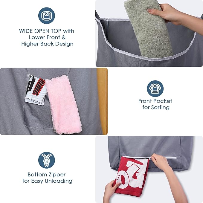 The Fine Living Co. X-Large Hanging Laundry Hamper with Over Door Hooks & Adhesive, Durable Space Saving Laundry Bag with Zipper and Wide Open Top,Hanging Dorm Laundry Hamper 20"x3.75"x31" (Gray-XL) - Image 8