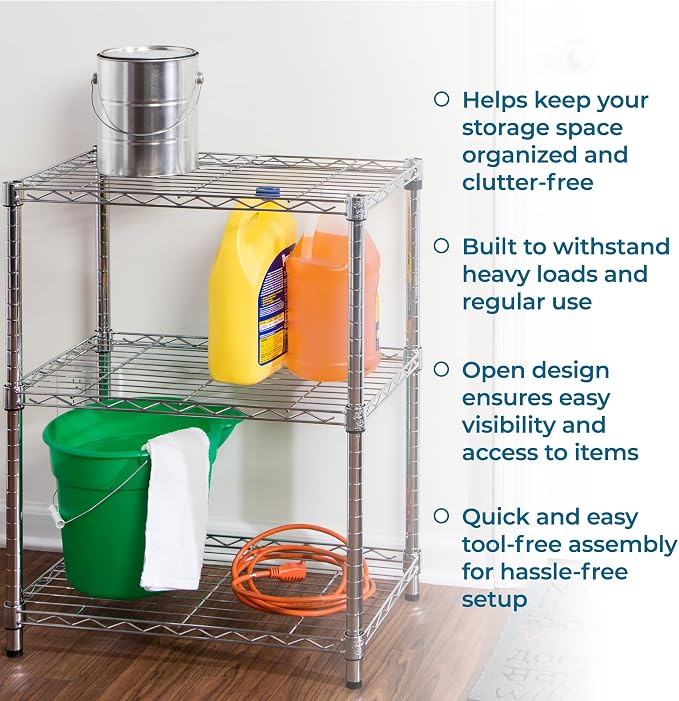 Honey-Can-Do 3-Tier Heavy Duty Adjustable Shelving Unit, 250-lb Per Shelf Metal Storage Rack, Wire Shelf for Kitchen Garage Pantry Closet, Chrome, 24 x 14 x 30 in - Image 7