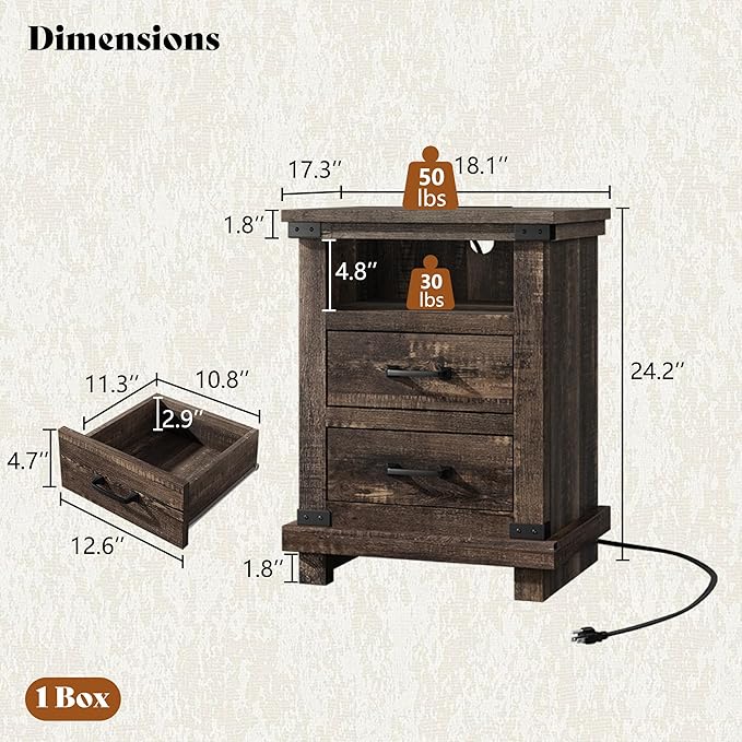 AMERLIFE 5 Pieces Farmhouse Bedroom Set, Includes Rustic King Bed Frame with 54" Tall Headboard, 6 Drawer Dresser, 5 Drawer Tall Chest, Nightstands Set of 2 with Charging Station, Black Oak