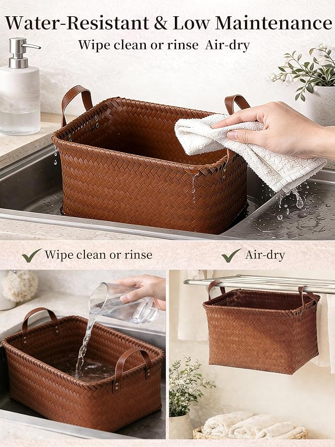 Hand Woven Baskets for Storage, 4Pcs Water-Resistant Wicker Baskets, Brown Wicker Storage Baskets for Shelves, Large Basket with Handle for Organizing, Clothes, Laundry, Blanket - Rectangular - Image 7