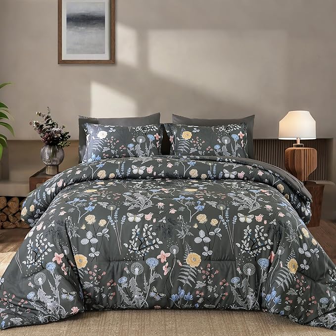 Yiran 7 Piece Grey Floral Comforter Set Queen Size, Botanical Flowers Bed in a Bag Queen, Soft Microfiber Complete Bedding Set with Sheets for All Season