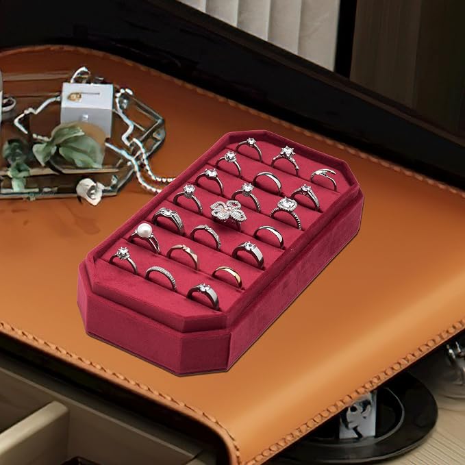 Velvet Ring Organizer Display Tray Jewelry Box Earring Holder Case for Wedding Birthday Christmas Day (Red) - Image 6