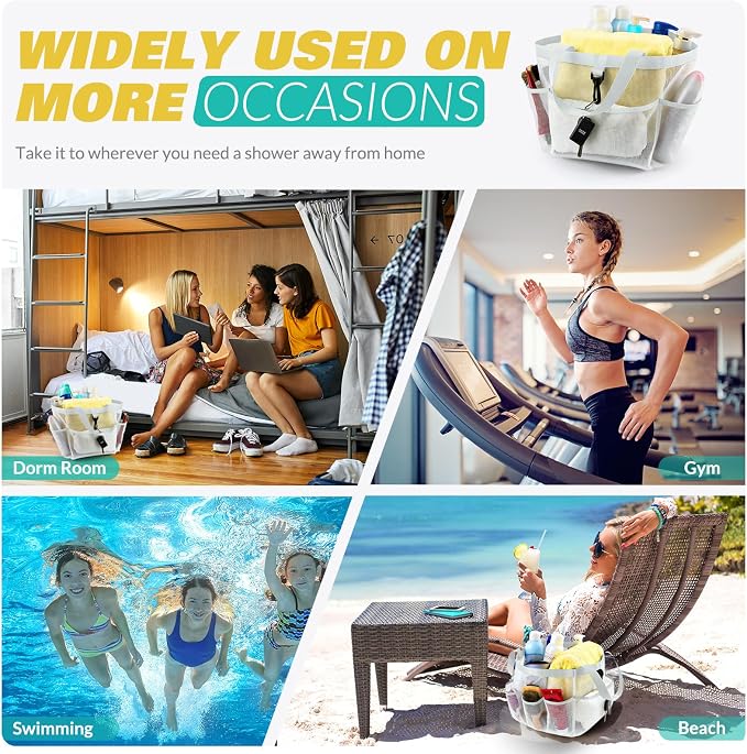 LOYEE Mesh Shower Caddy Portable for College Dorm Room Essentials with 8 Pockets, Shower Bag for Beach, Swimming, Gym, Travel, Bathroom(All white) - Image 7