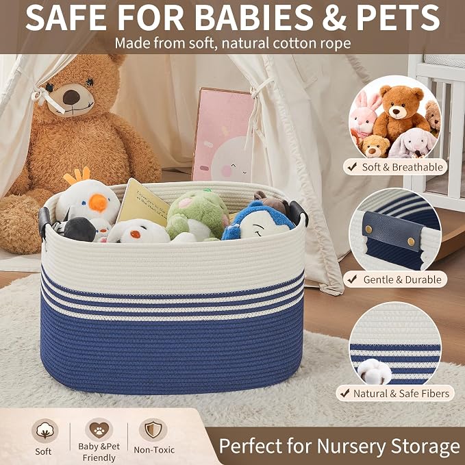 AINUOQI Laundry Basket with Handles - Blanket Basket & Hampers for Bedroom Aesthetic, Laundry Hamper & Blanket Storage for Living Room, Clothes Hamper, Tall, Large 21.7" x 16.9" x 11.8”, Blue - Image 8
