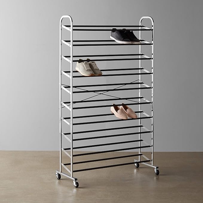 Amazon Basics 50-Pair Shoe Rack Organizer, Portable Rolling with Locking Wheels, Free Standing, 35.8 x 14.6 x 59.5 inches, Chrome - Image 5