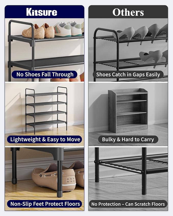 Kitsure Shoe Rack for Closet, Shoe Organizer for Front Door Entrance, Stackable Shoe Shelf, Detachable Closet Organizers and Storage, 26.6" Wide - 4 Tiers, Black - Image 7