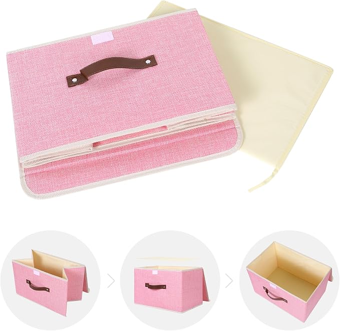 ANMINY 2PCS Storage Bins with Lid PU Leather Handles Storage Boxes PP Plastic Board Decorative Foldable Lidded Cotton Linen Fabric Home Cubes Baskets Closet Organizer Containers - Pink, Large Size - Image 8