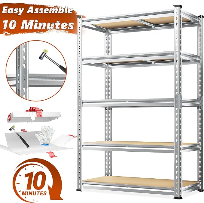REIBII Garage Shelving, 5 Tier Storage Shelves Load 2400LBS, Adjustable Garage Shelving Heavy Duty, Metal Shelving Unit with Waterproof Columns, 35.5" W x 11.9" D x 72" H, Galvanized, 4 Pack - Image 9