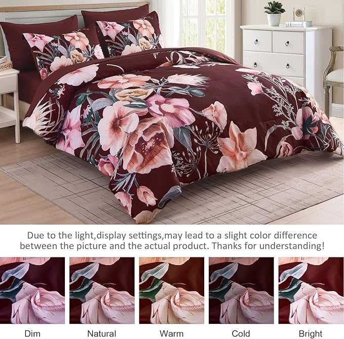 Luxudecor Burgundy Floral Comforter Set Queen Size 7 Piece, Flower Bed in a Bag, Elegant Floral Comforter with Sheet Set, Soft Microfiber Bedding Set for All Season (Burgundy, 90"x90")