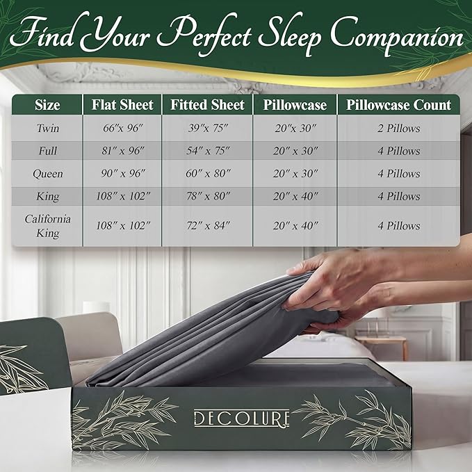 DECOLURE 100% Viscose Derived from Bamboo Sheets King Size - Luxury 6 Pc Naturally Cooling Sheets, Ultra Soft Bed Set - Deep 17" Pockets, Durable Double Stitching, Oeko Tex Standard (Grey)
