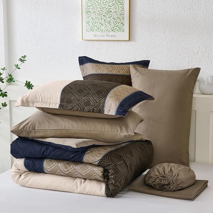 Dinjoy Navy Brown King Size Comforter Set,Striped Boho Bed in a Bag King 7 Pieces Soft Fall Bedding Comforters Sets wiht Sheets Microfiber Complete Bed Sets for All Season