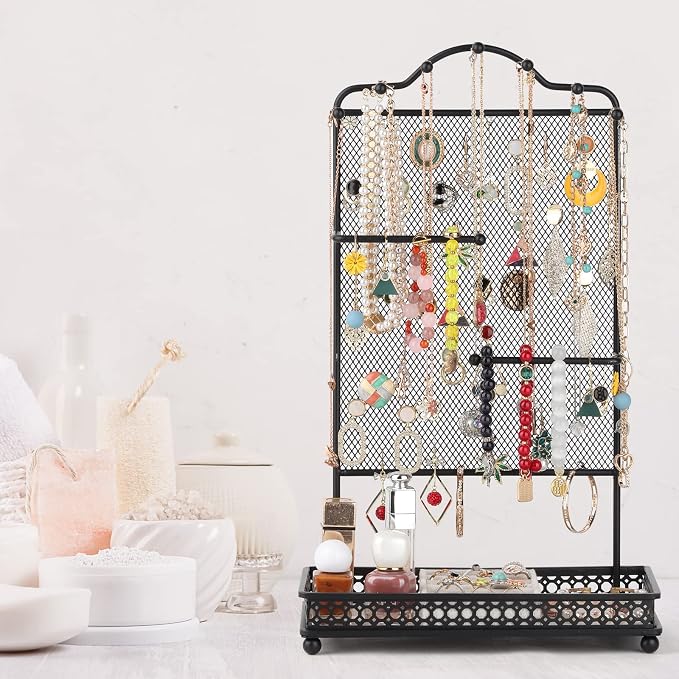 Meangood Black Jewelry Organizer Stand, Earring Holder Rack for Hanging Earrings Necklace Bracelets Watches Jewelry Display Large Rings Storage as Women Gift - Image 7