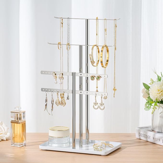 pickpiff Silver Jewelry Stand Holder Organizer: 14.5" Sturdy Hanger for 80 Pcs Jewelry, Jewlery Tower for Display Necklace, Earring, Bracelet, Watch - Image 7