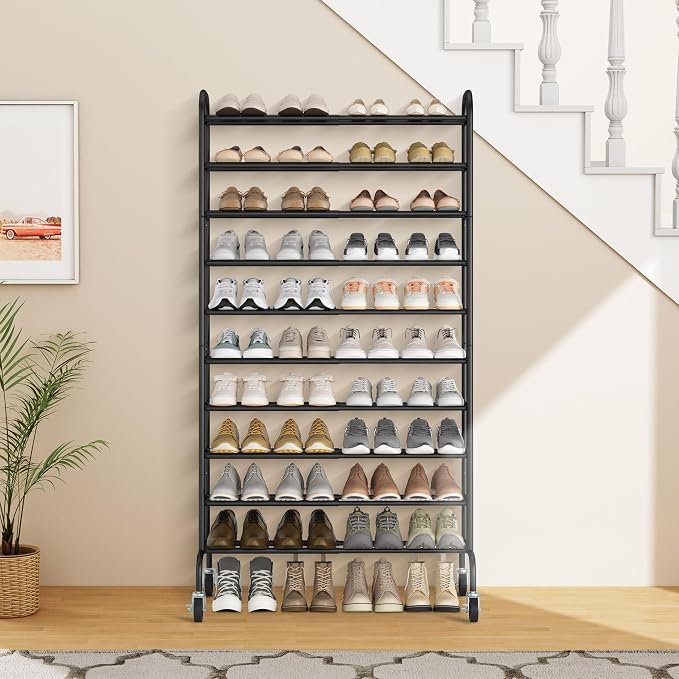 STORAGE MANIAC 10-Tier Expandable Shoe Rack, 44 Pairs Tall Vertical Shoe Rack, Heavy-Duty Metal Adjustable Shoes Organizer for Closet, Entryway, Hallway, Garage, Front Door, Shoes Shelves, Black - Image 7