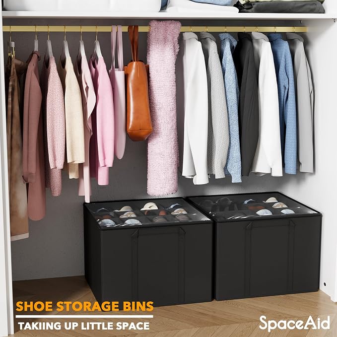 SpaceAid Shoe Organizer for Closet, 2 Pack Foldable Shoe Storage Containers Baskets Boxes Bins w/Adjustable Dividers, Fits 16-32 Pairs, Black - Image 6