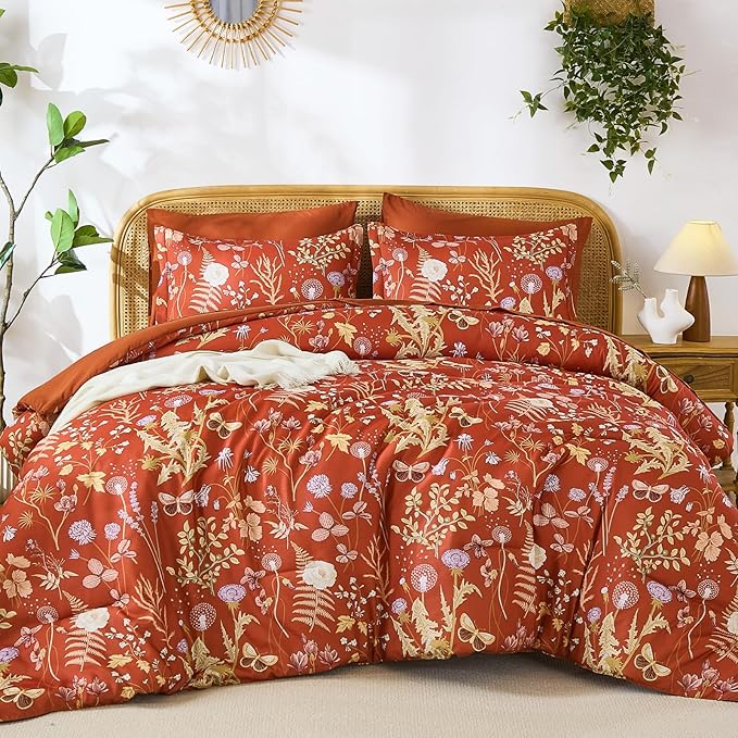 Yiran King Size Comforter Set 7 Piece,Burnt Orange Floral Bedding Set, Lightweight Bed in a Bag King with Botanical Flowers Spring, Soft Warm Terracotta Comforters with Sheets Complete for All Season
