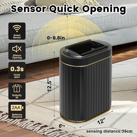 ELPHECO Bathroom Trash Can with Lid Butterfly, Motion Sensor Trash Can Bathroom Decor Automatic Garbage Can Wastebasket Bathroom Accessories, Kitchen, Living Room, Office, Black Gold - Image 7