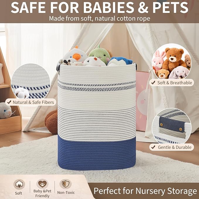 AINUOQI Large Laundry Basket - Tall Woven Rope Laundry Hamper with Leather Handles - Dirty Clothes hamper for Living room, Bedroom, 17" X 13.8" X 22", Dark Blue & White - Image 8