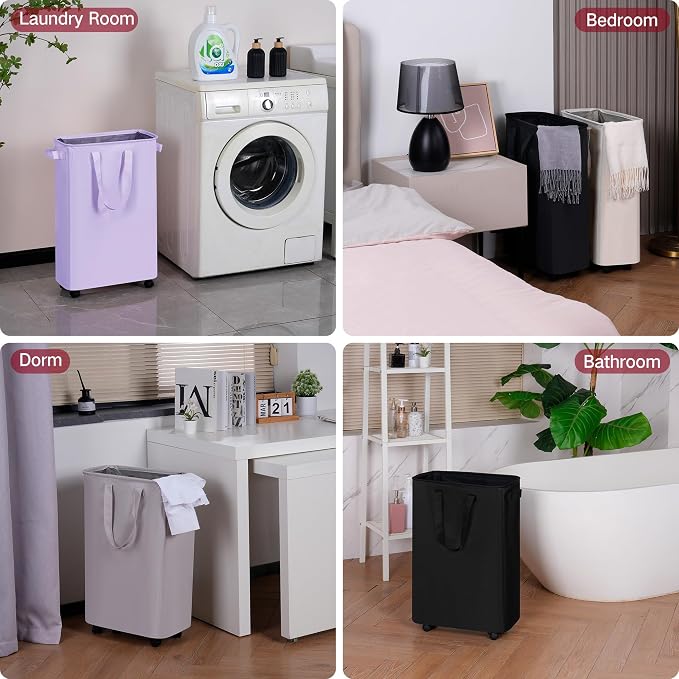 efluky Slim Laundry Hamper with Wheels, Rolling Laundry Basket for Clothes, Small Laundry Basket for Bedroom, Dorm and Laundry Room, 60L (12.7 Gallons) Purple - Image 6