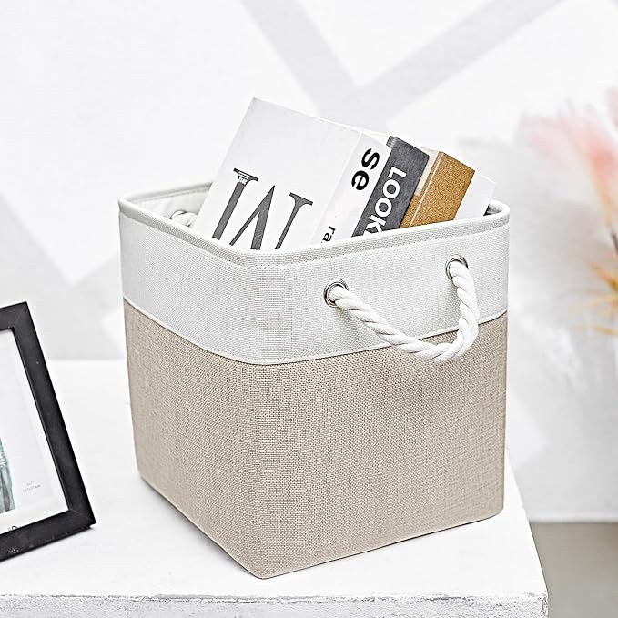 Cube Storage Bins, Collapsible Fabric Storage Cubes Bins, 11 Inch Cube Storage Bins with Handles, Foldable Storage Cubes (White/Beige, 6Pack) - Image 9