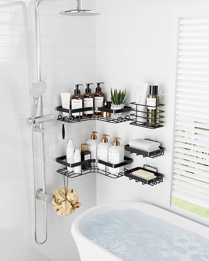Sakugi Corner Shower Caddy - 5-Pack Shower Organizer with Soap Holder & Toothbrush Holder, Rustproof Metal Shower Shelves, Laundry, Kitchen, Bathroom Organizers and Storage Solution, Large, Black - Image 3