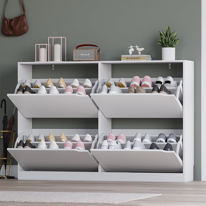 BORNOON Shoe Cabinet with 4 Flip Drawers, Narrow Hidden Shoe Storage Cabinet, Slim Freestanding Shoe Rack Organizer for Entryway, Hallway, Bedroom, Living Room - Image 7