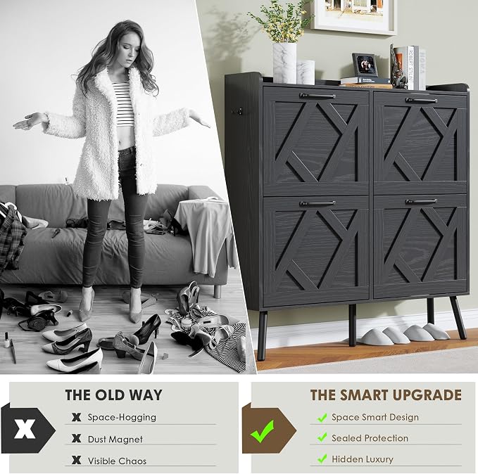 Nicetree Shoe Cabinet with 4 Flip Drawers, Hidden Shoe Rack Cabinet with Metal Legs, Farmhouse Narrow Shoe Storage Cabinet for Entryway, Foyer, Hallway, Black with Hook - Image 9